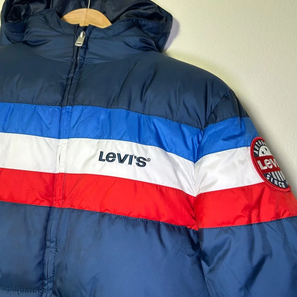 Levi's Kids Puffer Jacket Hooded Blue Red White L‎ (12-13) Boys Girls Coat